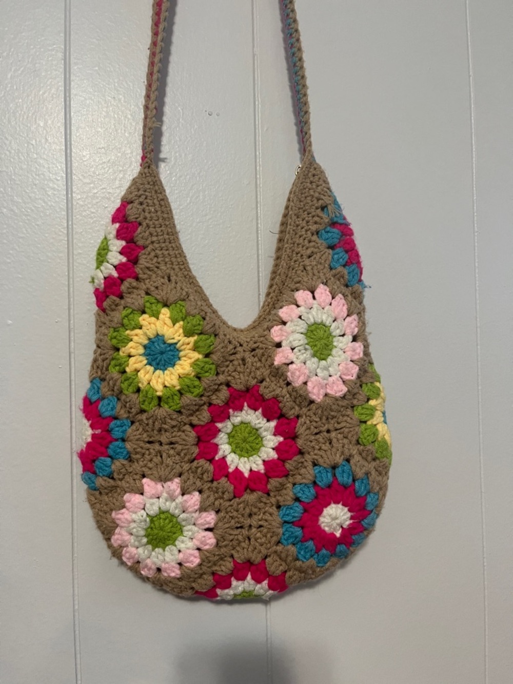 Handcrafted Multicolor Crochet Shoulder Bag - Brown and Floral Accents - Picture 3 of 6
